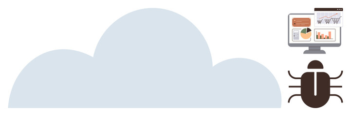 Cloud symbol linked to monitoring screen displaying analytics and graphs, bug icon highlighting data or system vulnerability. Ideal for security, IT, technology, cybercrime, analysis, cloud services