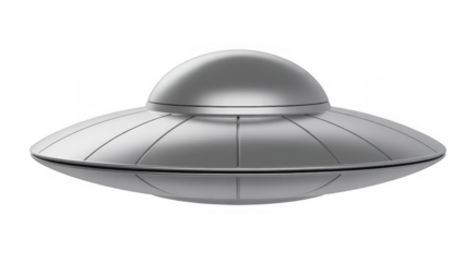 Silver flying saucer with dome and segmented body isolated on a transparent background