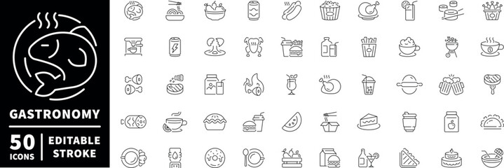 Gastronomy icons set. editable line icons, outline food and drink symbols