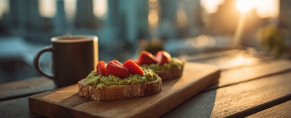 Delicious Avocado Toast with Tomatoes and Coffee on Wooden Board.
