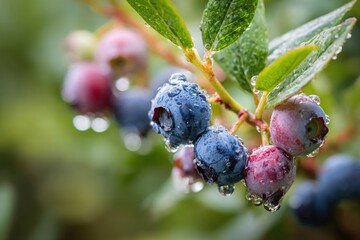 Fresh Blueberries on the Branch with Water Droplets.