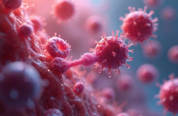 Microscopic view of red virus particles and cells. Some virus spikes attach to cell surface. Pathogen infection simulation abstract scientific graphic.