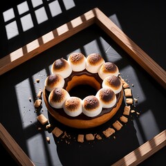 Gourmet ring cake topped with toasted marshmallows in dramatic window light