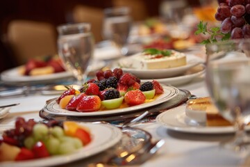 Elegant Table Setting with Fresh Fruit and Desserts.