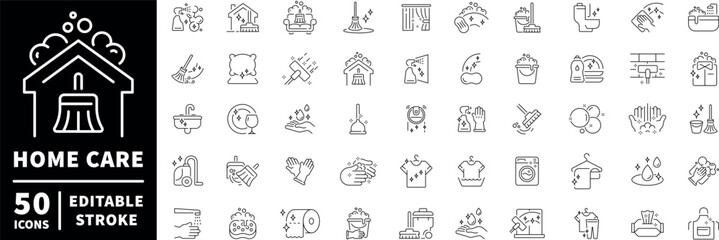 Home care icons set. editable line icons, outline, cleaning and hygiene symbols