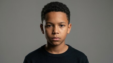 Obraz premium A young boy embodies a look of stoic determination, a portrait of focused resolve against a subtle backdrop.