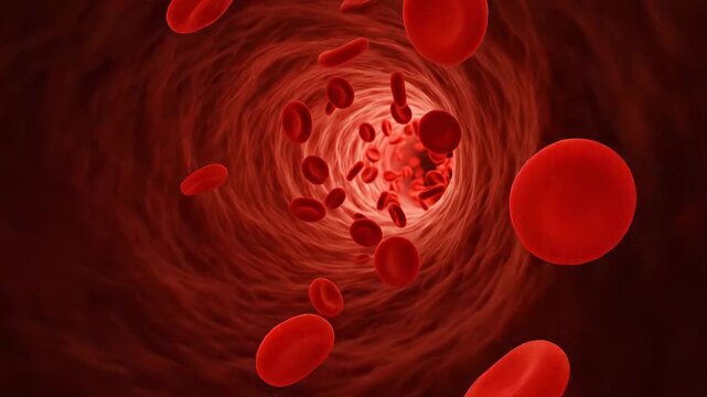 Circulating red blood cells moving through an artery. Microscopic view of human circulatory system
