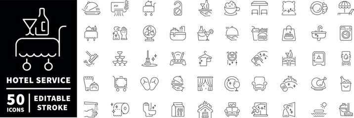 Fototapeta premium Hotel service icons set. editable line icons for amenities, hospitality, and travel