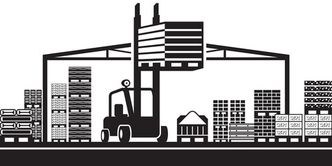 Forklift moves pallets in open warehouse - vector illustration