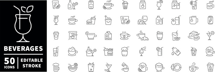 Beverage icons set. editable line icons, outline for drinks and refreshments
