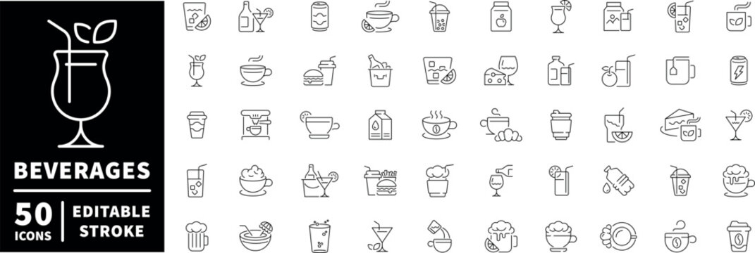 Beverage icons set. editable line icons, outline for drinks and refreshments