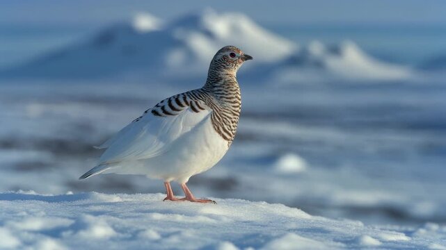 Ptarmigan Bird Standing on Snowy Ground in Winter Landscape photo image