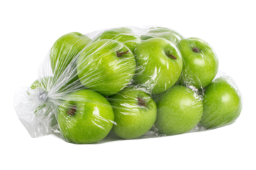 Fresh green apples tightly packed in transparent plastic bag on transparent background