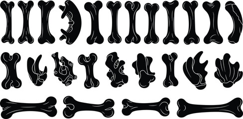 Stylized bone vector illustration set, black anatomical silhouettes, cartoon skeletal shapes, artistic bone graphics, medical design elements, educational anatomy icons