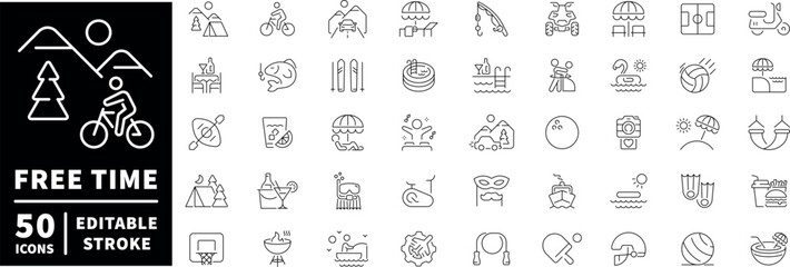 Free time icons set. editable line icons, linear leisure and activity symbols