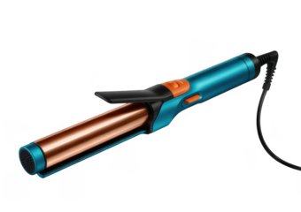 Teal and orange curling iron with copper barrel isolated on a transparent background 1