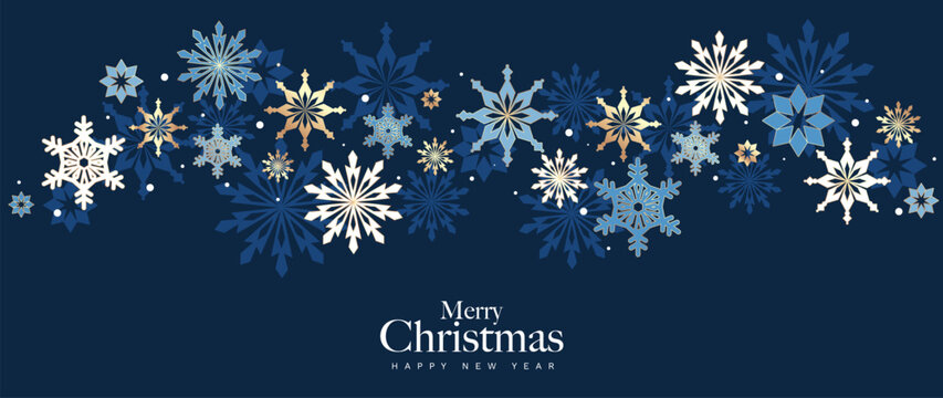 Christmas vector greeting card illustration with navy blue background, gold and blue snowflakes for Happy New Year — elegant winter design