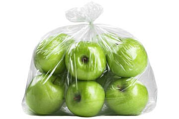 Ripe green apples grouped together in clear plastic bag for storage on transparent background