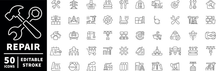 Repair tools icons set. editable line icons, outline, construction and fix symbols