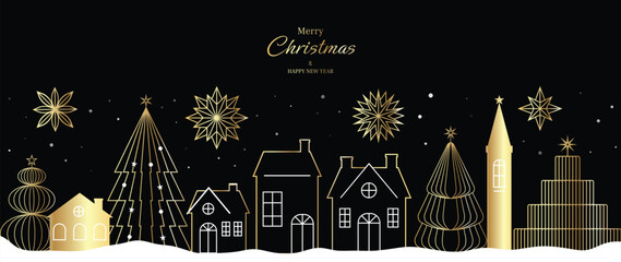 Fototapeta premium Christmas vector greeting card illustration with black background, gold houses, trees and starbursts for Happy New Year — elegant night design