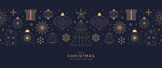 Fototapeta na wymiar Christmas vector greeting card illustration with dark background, gold ornaments, gifts and stars for Happy New Year — elegant holiday design