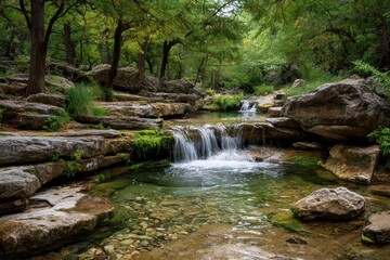 Fototapeta premium Tranquil Waterfall on Twin Lakes Trail in Cedar Park, Texas: A Scenic Cascade Amidst Lush Forest and Vibrant Greenery