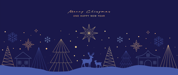 Naklejka premium Christmas vector greeting card illustration with deep blue background, gold and blue trees, reindeer and stars for Happy New Year — winter night design