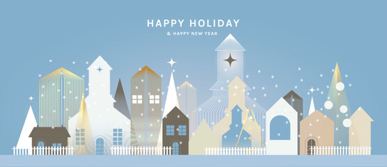 Obraz na płótnie Canvas Christmas vector greeting card illustration with light blue background, winter village, snow and stars for Happy New Year — soft holiday design