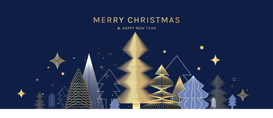 Obraz premium Christmas vector greeting card illustration with navy background, gold and silver trees and stars for Happy New Year — elegant winter design