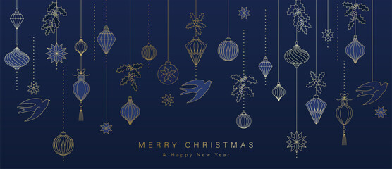 Obraz premium Christmas vector greeting card illustration with navy background, gold ornaments, birds and snowflakes for Happy New Year — elegant holiday design