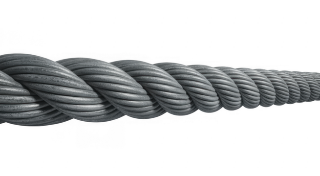 Thick gray metal steel wire rope twisted strands isolated on a transparent background