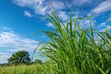 Lush Johnson Grass: Vibrant Green Leaves and Seeds in a Summer Field Beneath a Clear Blue Sky