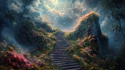 Enchanted Stairway to Heaven - A Mystical Landscape Painting.
