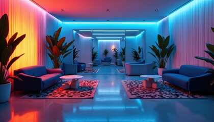 Modern hotel lobby with stylish blue sofas, colorful neon lights creates vibrant atmosphere. Rich green plants add natural touch to chic interior design. Reflective floor enhances futuristic ambiance