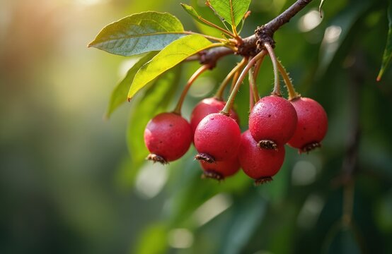 Red riberry fruit hangs on a tree branch in a sunny garden. Syzygium luehmannii is native Australian bush food. This edible healthy lilly pilly is a vitamin-rich superfood.