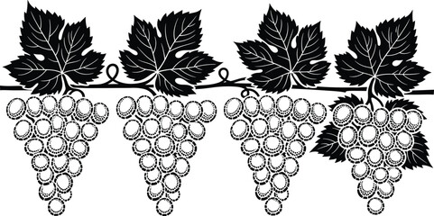 Decorative horizontal border featuring black grapevine leaves and stylized dotted grapes, vector illustration suitable for wine labels, menu design, and packaging elements