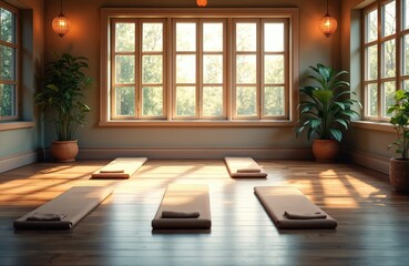 Fototapeta premium Tranquil yoga studio with sunlight through windows. Mats await for exercise. Plants add calm. Peaceful scene inspires relaxation, wellness. Perfect for meditation, mindfulness, promoting healthy