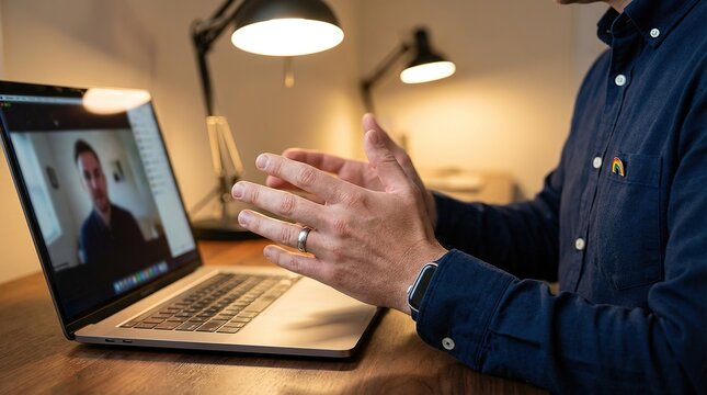 An intimate, behind-the-scenes glimpse into a virtual meeting, a man’s hands gesture animatedly as he engages in a video call. A moment of modern communication and connection.