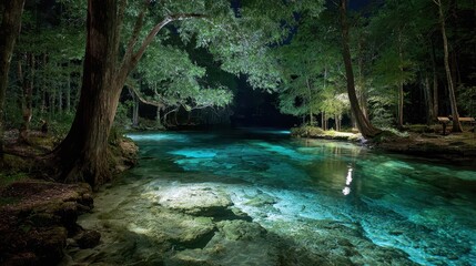 Fototapeta premium Nighttime Illumination at Ginnie Springs: A Serene Swimming Experience Amidst Nature's Beauty