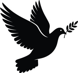 Flying dove bird silhouette with olive branch, symbol of peace, hope and freedom, black vector illustration for logo or religious design element