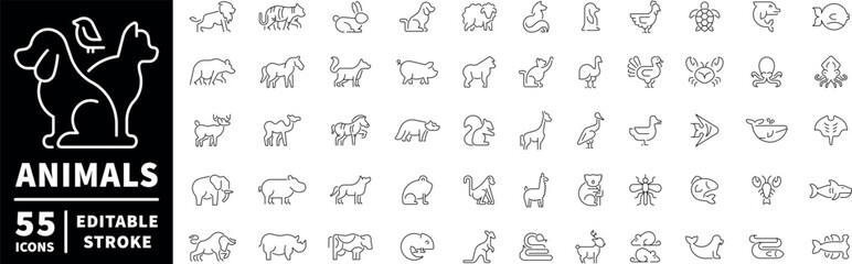 Animal icons set. editable line icons, outline style with wildlife and fauna symbols