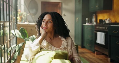 Smile, woman and thinking at window on sofa with daydreaming, self reflection or mental break. Weekend, peaceful person and calm morning in living room with mindfulness, happy memory or relax in home