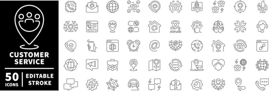 Customer service icons set. editable line icons, linear, support and communication tools - Powered by Adobe