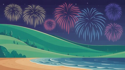 Night sea beach landscape fireworks illustration holiday celebration sky scenic