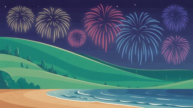 Night sea beach landscape fireworks illustration holiday celebration sky scenic