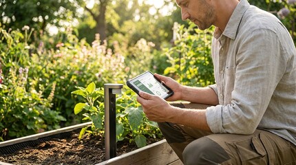 A Gardener Focused on Modern Garden Tech, Man working on tablet in Garden.