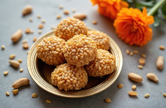 Indian festival sweets tilgul served in brass plate with peanuts and orange flowers. Traditional winter food made from sesame, jaggery, peanuts.