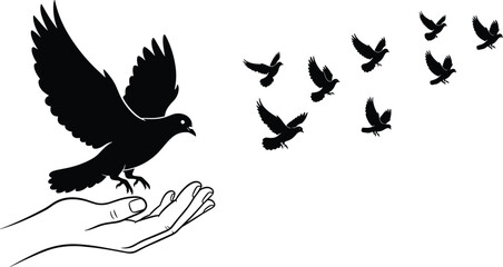 Human hand releasing flying dove bird silhouette, flock of birds in sky, vector illustration symbol of peace and freedom, black and white