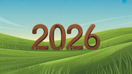 Upcoming 2026 year woody number in cartoon landscape green fields with sky