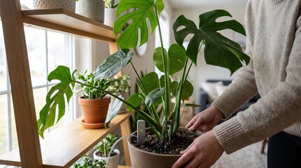 Embracing the serenity of indoor gardening, a person tends to vibrant Monstera plant, nurturing its lush leaves and fostering a connection with nature within the cozy interior.